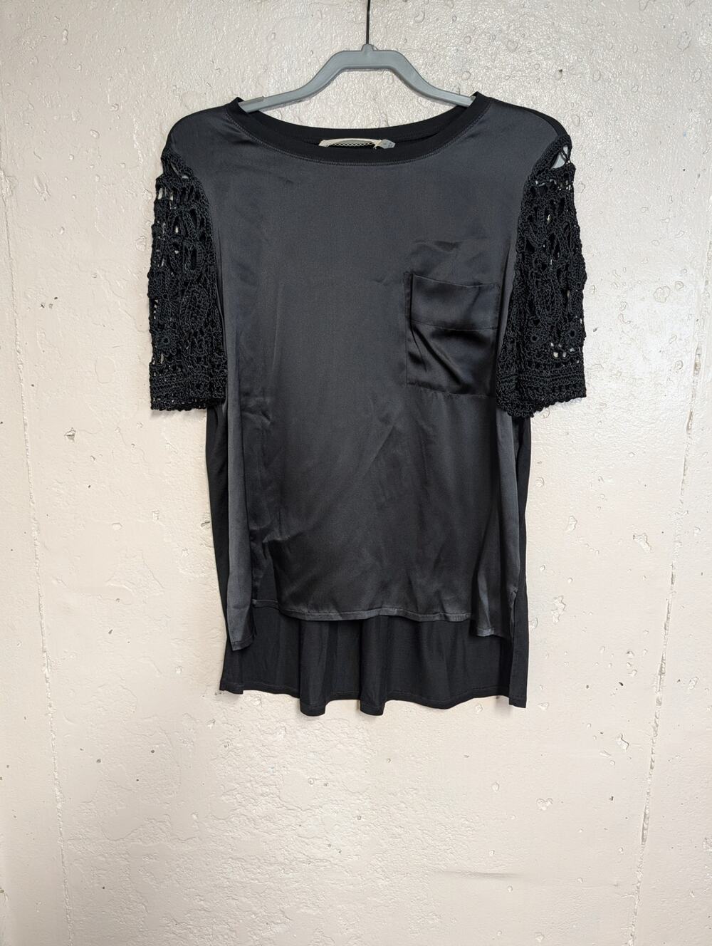 Cluny silk T-shirt with crochet sleeves. Boho elevated basic minimalist.